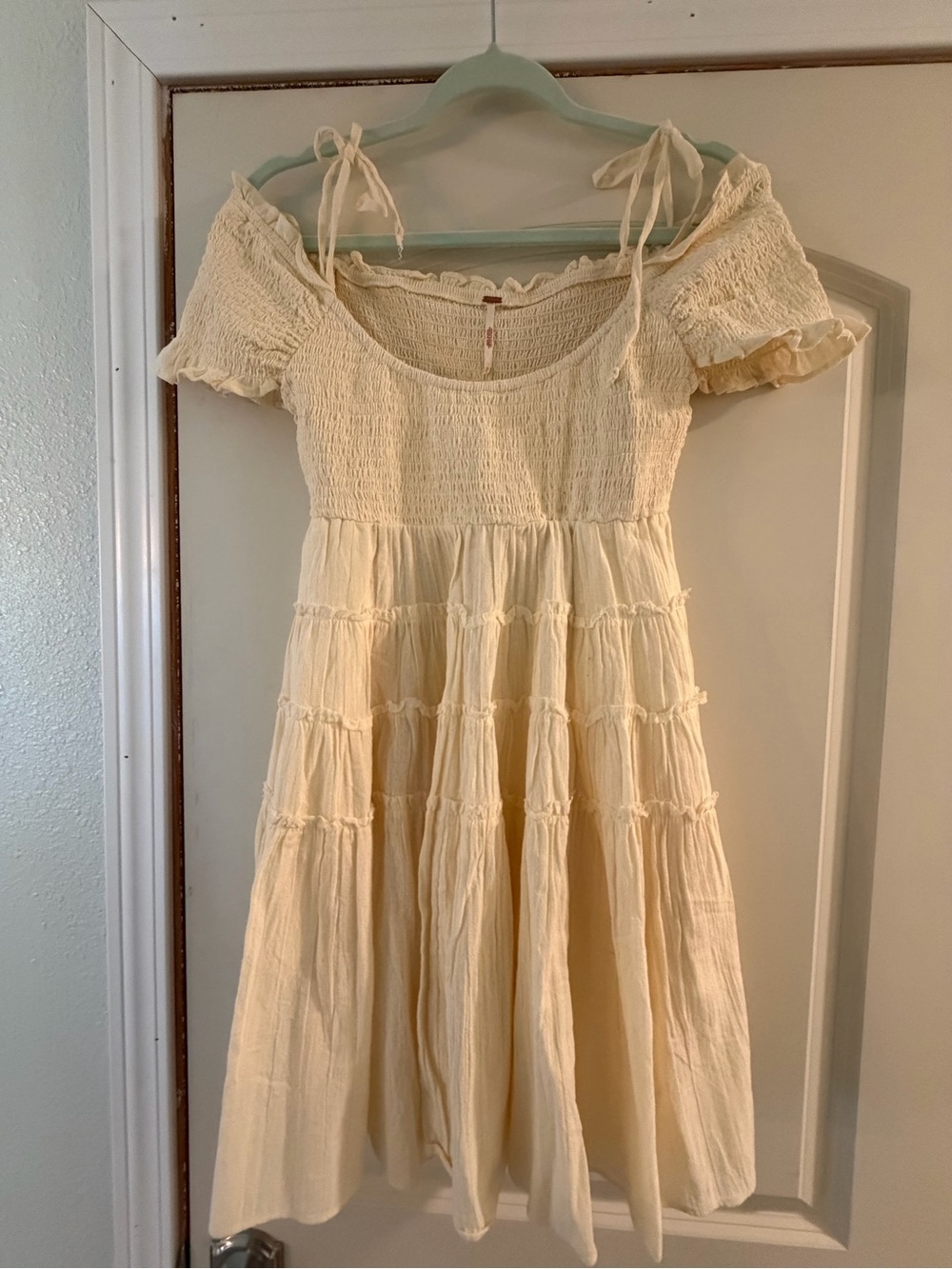 Free People Cream Smocked Mini Dress with Tie Straps